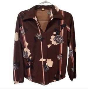 Vintage Long Sleeved Brown Floral Striped Brown Blouse sz Large Disco Collar 70s